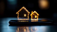 Glowing miniature house silhouettes with warm fairy lights create magical holiday atmosphere on dark reflective surface, bokeh background adds dreamy ambiance.