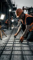 Construction worker in orange safety vest and hard hat installing steel reinforcement bars on concrete foundation at active building site with industrial equipment and lighting.