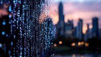 Digital data stream visualization with blurred city skyline at sunset, glowing blue binary code matrix overlay creates futuristic cybersecurity concept.