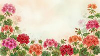 Watercolor geranium flowers in pink, red, and orange tones framing a soft pastel background with copy space for text or design.
