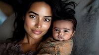 Young Hispanic mother holding mixed race baby in brown knit sweater, intimate close up portrait showing tender maternal bond and gentle nurturing moment.