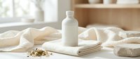 White cosmetic bottle with natural skincare product on soft towels in bright bathroom setting with dried flowers for spa wellness routine.