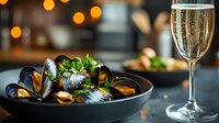 Steamed mussels in black ceramic bowl with fresh herbs and glass of sparkling wine against blurred restaurant background with warm bokeh lights.