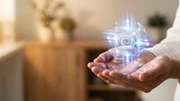 Hands holding glowing digital gear symbol with blue light effect, representing technology, innovation, and business solutions for corporate and digital transformation concepts.