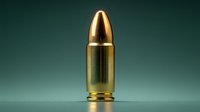 Single golden bullet cartridge with copper and brass casing against dark green background, dramatic studio lighting highlighting metallic surface details.