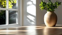 Fresh green leaves in wooden vase on sunlit windowsill with natural shadows cast across wooden surface, minimalist home decor composition in morning light.
