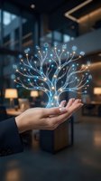 Businessperson holding glowing digital tree with tech icons and branching network connections, representing innovation, growth, and artificial intelligence in modern corporate environment.
