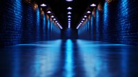 Dark corridor with dramatic blue lighting and brick walls creating mysterious tunnel perspective effect, glowing ceiling lamps reflecting on wet floor surface.
