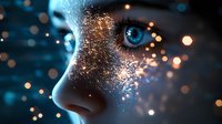 Magical close-up of young caucasian woman's eye with glowing sparkles and bokeh effects against dark background in blue and gold tones creating mystical atmosphere.