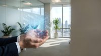 Businessman holding digital hologram with data visualization and network connections in modern office with city skyline view, representing technology and business growth.