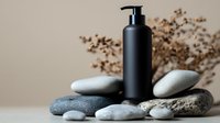 Black cosmetic pump bottle on zen stones with dried flowers against neutral beige background, minimalist spa and wellness composition for skincare products.
