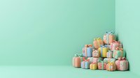 Stacked colorful gift boxes with bows arranged in pyramid formation on mint green background, isolated for holiday marketing and seasonal promotional designs.