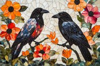 Two black ravens perched among vibrant orange and pink flowers in mosaic art style, featuring detailed tile work and nature-inspired design elements for wall decor.
