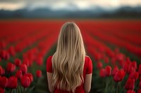 Young woman with long blonde hair wearing red shirt stands facing vast field of blooming red tulips against dramatic cloudy sky at sunset.