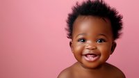 Happy African American baby with bright blue eyes and curly hair smiling against pink background, perfect for parenting blogs and childcare advertisements.