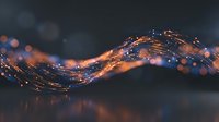 Abstract digital wave with glowing orange and blue light particles flowing across dark background, representing data stream, technology, innovation, and digital transformation for tech concepts.