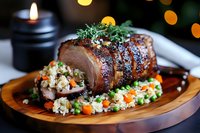 Succulent roasted pork tenderloin served on wooden board with cauliflower rice, fresh herbs and vegetables, garnished with thyme against dark background with bokeh.