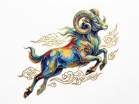 Colorful leaping ram with golden swirls and ornate details, isolated on transparent background. Great for zodiac clipart, t-shirt design, stickers, and print on demand.