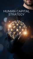 Male professional holding illuminated globe with building icons, representing human capital strategy, workforce development, and global business growth concepts.