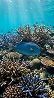 Blue surgeonfish swimming among branching corals and diverse reef formations in tropical ocean waters, suitable for marine life and underwater nature content.