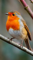 European robin perched on branch with distinctive orange-red breast and gray-brown plumage, showcasing wildlife in natural habitat.