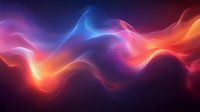 Vibrant flowing waves of light in orange, blue and purple colors create dynamic abstract background with glowing energy effect on dark backdrop.