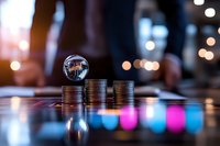 Crystal ball balanced on stacks of coins with colorful bokeh lights reflection, representing financial forecasting and business investment planning.