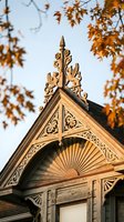 Ornate wooden gingerbread trim and decorative finial on Victorian house gable framed by autumn maple leaves against clear sky for heritage architecture projects.