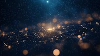 Cosmic network of glowing particles and light connections against deep space background with bokeh effect and stars.