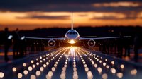 Commercial passenger aircraft on illuminated runway during dramatic sunset, with landing lights creating leading lines toward approaching plane.