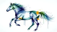Watercolor horse in motion with flowing mane and tail, artistic paint drips and splatters on white background. Modern equestrian art for home decor and design.