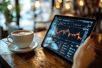 Coffee cup with latte art beside tablet showing financial market data and trading charts on wooden table in cafe with bokeh lights in background.