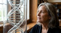 Senior Caucasian female scientist examining large DNA double helix model in laboratory office setting for genetic research and medical education.