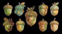 Vintage acorn illustrations with ornate gold leaf details, isolated on transparent background. Ready for clipart, t-shirt design, stickers, print-on-demand products, and sublimation projects.