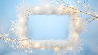 Winter holiday frame with white snowflakes and warm LED lights on blue background. Festive border for Christmas and New Year greeting cards, invitations.