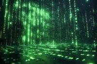Digital green matrix rain with binary code streams falling on reflective surface, creating futuristic cyberpunk atmosphere for technology concepts.