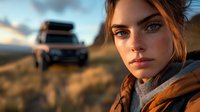 Young woman with braided hair in outdoor adventure setting at golden hour, SUV car in blurred background against mountain landscape and dramatic sky.