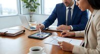 Business professionals collaborating on financial analysis with laptop and tablet in modern office meeting room for corporate strategy planning.