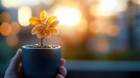Small orange flower blooming in dark pot held by hands against warm sunset bokeh background symbolizing growth, hope and new beginnings in nature.