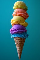 Colorful ice cream scoops stacked high in waffle cone against turquoise background, featuring yellow, orange, purple and blue flavors for summer dessert menu.