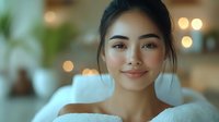 Young Asian woman with natural makeup and gentle smile wrapped in soft white towel against blurred warm bokeh background, wellness and skincare concept.