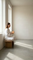 Young woman in white clothing sitting on wooden bench by window holding cup in minimalist beige interior with natural sunlight for wellness and relaxation concepts.