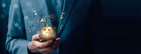 Businessman holding smartphone with glowing artificial intelligence icons and digital network connections for modern technology and business automation.