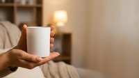 Person holding blank white mug in cozy home interior with warm lighting. Mockup for branding, merchandise design, and promotional campaigns.