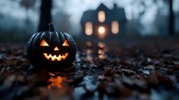 Glowing carved pumpkin with spooky face on dark autumn ground with mysterious haunted house silhouette in foggy background creating Halloween atmosphere.