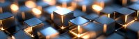 Glowing metallic cubes with warm light emerging from edges create futuristic pattern on dark surface, abstract technology background with depth of field effect.