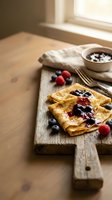 Golden crepes with berry jam and fresh blueberries raspberries on rustic wooden cutting board near sunny window for breakfast brunch dessert cooking concept.