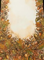 Autumn leaves and acorns frame a cream background with watercolor stains, creating an ornamental border ideal for fall invitations, greeting cards, and seasonal design projects.