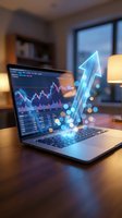 Laptop displaying financial charts with glowing upward arrow hologram representing business growth and market success in modern office environment.