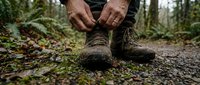 Male hiker tying hiking boots on forest trail covered with moss and fallen leaves, outdoor adventure and trekking preparation.